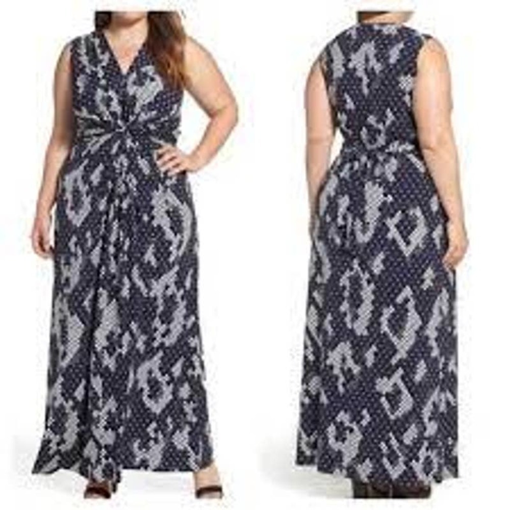 Eliza J Navy and White Geometric‎ Print Sleeveless Maxi Dress SZ 14